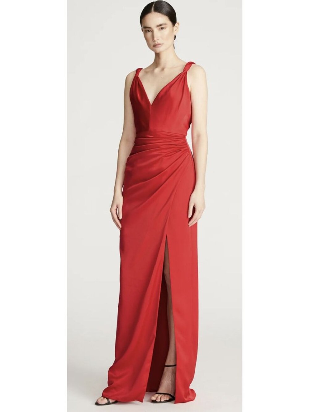 Halston Red Sleeveless Knot-Strap Satin Gown Size 14 New - Picture 2 of 12